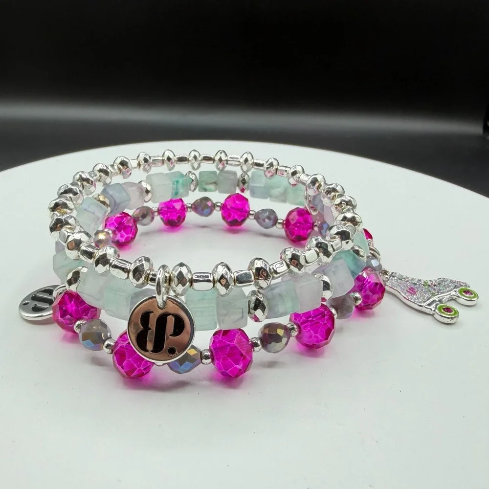 3 Pc Stretch Bracelet Set Pink Crystal Fluorite Beads Roller Skate Charm Boho